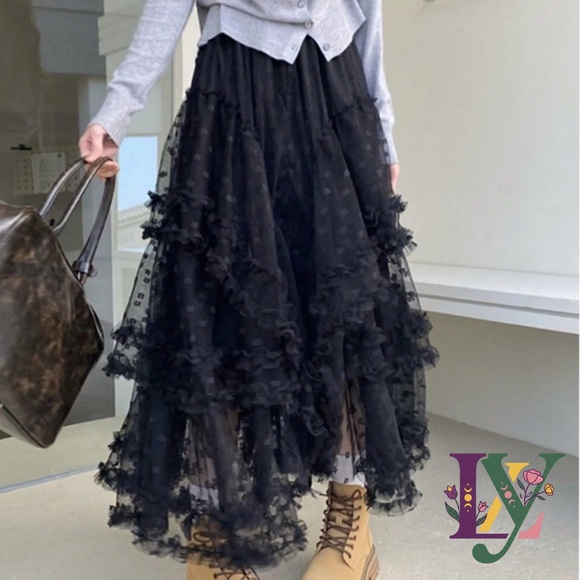 BellanBlue Dresses & Skirts - NWT BellanBlue Black Swiss Dot Maxi Skirt XL Lace Ruffle Whimsigoth Dark Romance